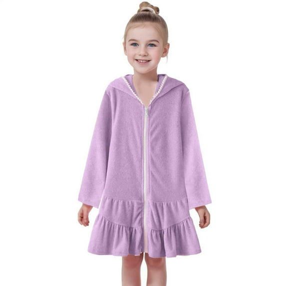 REDARER Girls Long Sleeve Swim Cover Up - Zip-Up Hooded Bathrobe, Absorbent Beach Dress for Kids,Size 2-3 Years