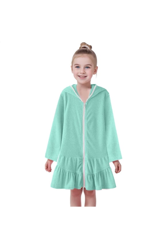 Girls Long Sleeve Swim Cover Up - Zip-Up Hooded Bathrobe, Absorbent Beach Dress for Kids,Size 7-8 Years