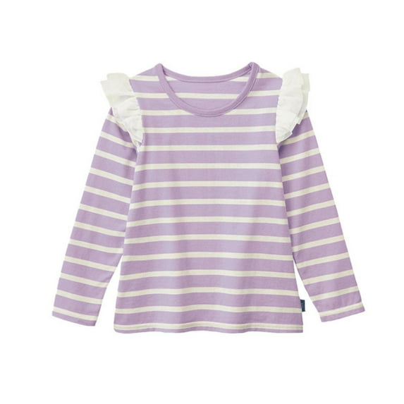 REDARER Girls Long Sleeve T-Shirt Princess Sleeve Striped Top Sheer Comfortable Casual Blouse For Everyday Outfits,Color:1 Light Purple,Size:10-12 Years