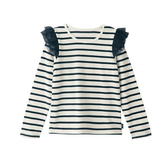 REDARER Girls Long Sleeve T-Shirt Princess Sleeve Striped Top Sheer Comfortable Casual Blouse For Everyday Outfits,Color:1 Black,Size:3-4 Years