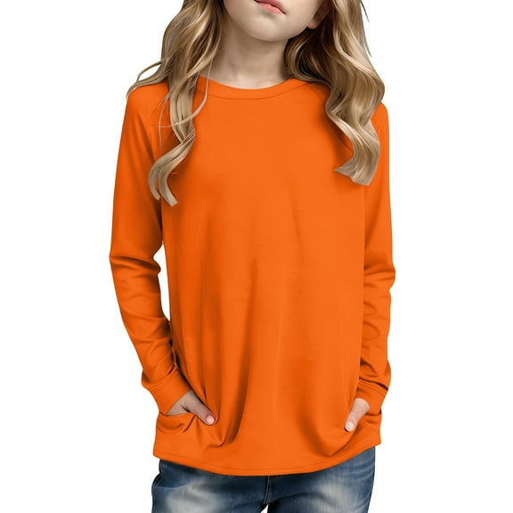 REDARER Girls Long Sleeve Top, Solid Color Round Neck Shirt with Side Pocket, Soft Casual Play and School Wear,Size:9-10 Years