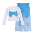thumbnail image 1 of REDARER Girls Long Sleeve Top with Bow and Ripped Jeans Set, Casual Two Piece Outfit for Toddlers Kids Fall,11-12 Years, 1 of 4