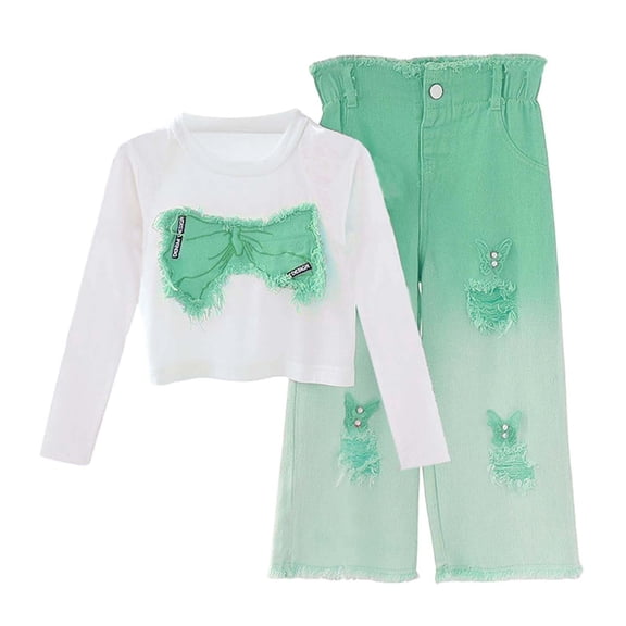 REDARER Girls Long Sleeve Top with Bow and Ripped Jeans Set, Casual Two Piece Outfit for Toddlers Kids Fall,11-12 Years