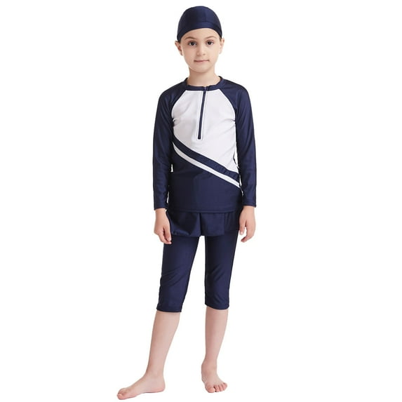 REDARER Girls Modest Full Coverage Swimsuit Half-Zip Raglan Sleeve with Skirted Capri Pants & Swim Cap,6-7 Years