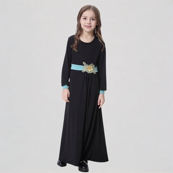 REDARER Girls Abaya Dress with Contrast Trim & Embellished Belt Black Long Robe Arabic Style Casual Dress for Kids,13-15 Years