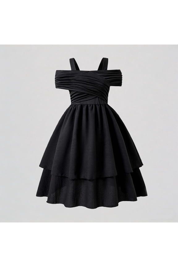 Girls Off-Shoulder Ruched Bodice Tiered Ruffle Dress Elegant Formal Party Outfit,11 Years