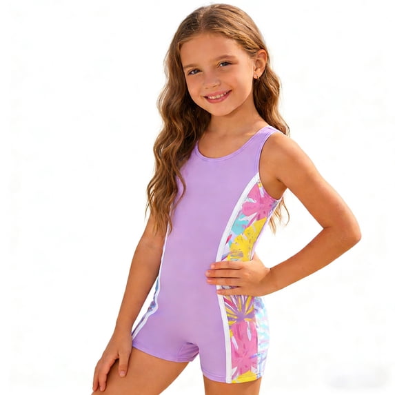 REDARER Girls One Piece Boyleg Swimsuit with Tropical Print Side Panels Sleeveless UPF 50+,4-5 Years