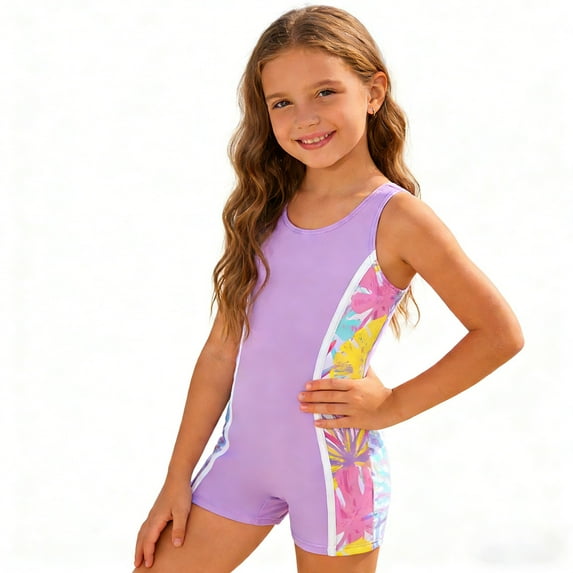 REDARER Girls One Piece Boyleg Swimsuit with Tropical Print Side Panels Sleeveless UPF 50+,5-6 Years