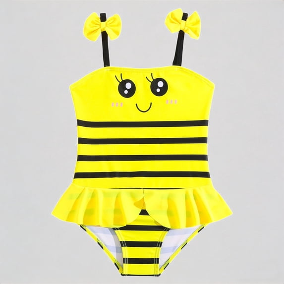 REDARER Girls' One-Piece Swim Dress – Bee Striped Print + Bow Accents, Adorable Ruffled Bathing Suit,6-12 Months