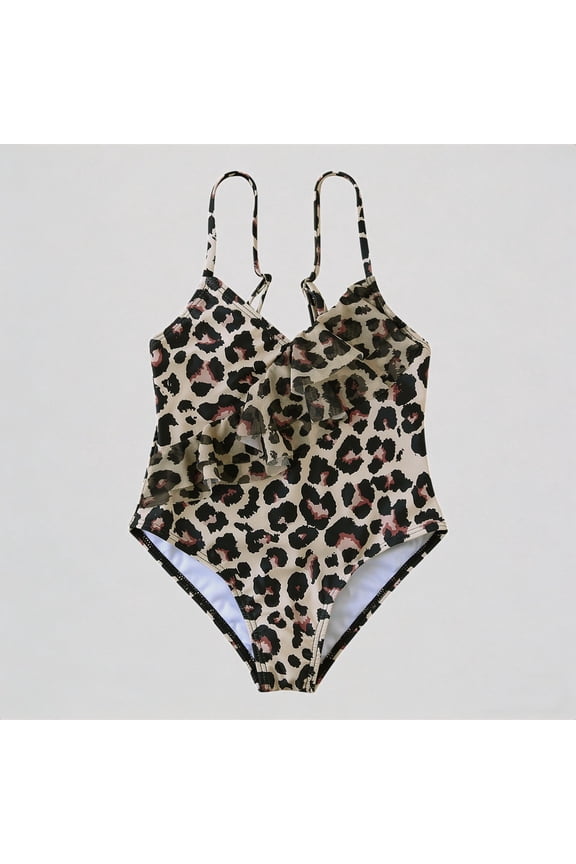 Girls One-Piece Swimsuit: Blush Leopard Print, Ruffled Detail, Cross-Back Straps – Stylish Summer Beach Bathing Swimwear,4-5 Years