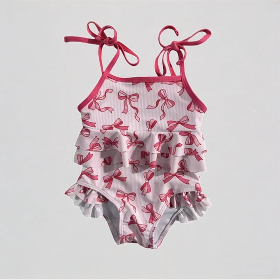 REDARER Girls One-Piece Swimsuit – Bow Print with Ruffled Layers & Tie Straps, Cute Summer Style for Beach Pool Toddler Swimwear,18-24 Months