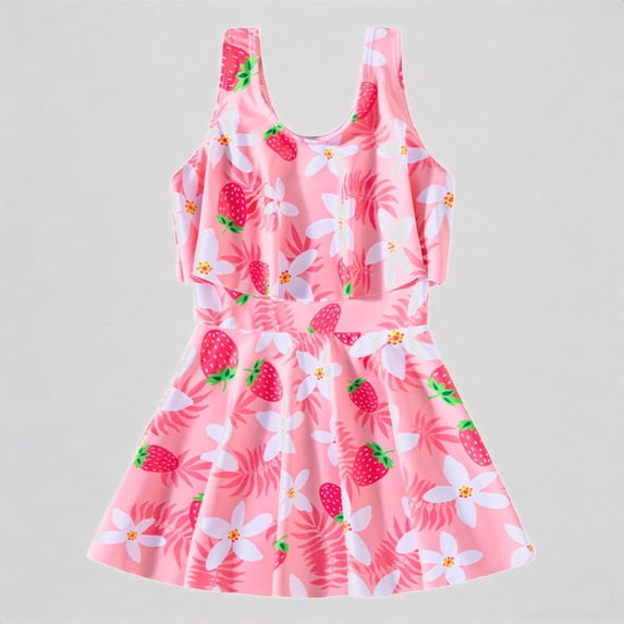 REDARER Girls One Piece Swimsuit: Cut Out Design, Strawberry Floral Print, Summer Casual Beach Sport Bathing Swimwear,5-6 Years