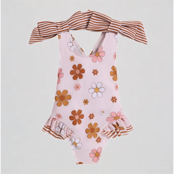 REDARER Girls One-Piece Swimsuit: Floral Print, Backless Bow Strap, Ruffled Hem – Cute Summer Beach Bathing Swimwear,1-2 Years