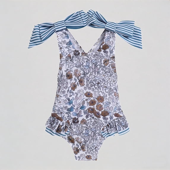 REDARER Girls One-Piece Swimsuit: Floral Print, Backless Bow Strap, Ruffled Hem – Cute Summer Beach Bathing Swimwear,5-6 Years