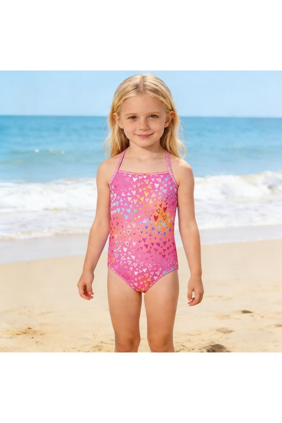 Girls One Piece Swimsuit Heart Print Halter Neck Colorful Summer Beach Swimwear,10-12 Years
