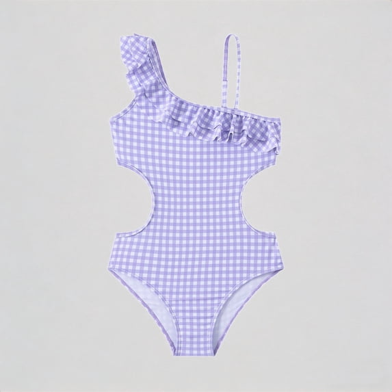 REDARER Girls One-Piece Swimsuit: Plaid Print, One-Shoulder Ruffled Trim & Cut-Out Design – Stylish Summer Beach Bathing Swimwear,7-8 Years