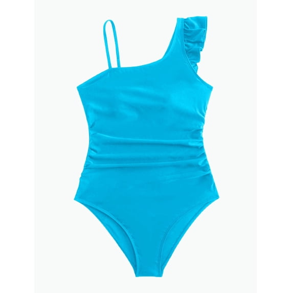 REDARER Girls One Piece Swimsuit Ruffle Trim Asymmetrical Ruched UPF 50+ Sun Protective Swimwear Summer,15-16 Years