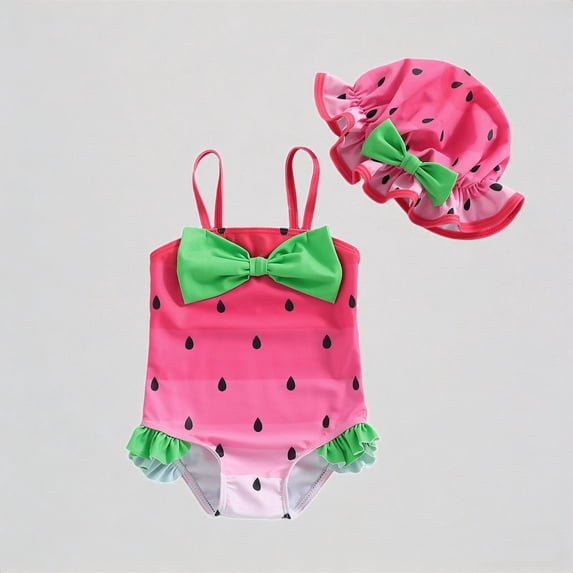 REDARER Girls One-Piece Swimsuit Set – Bow Print with Large Bow Detail & Ruffled Sun Hat, Cute Summer Style for Beach Pool Toddler Swimwear,18-24 Months