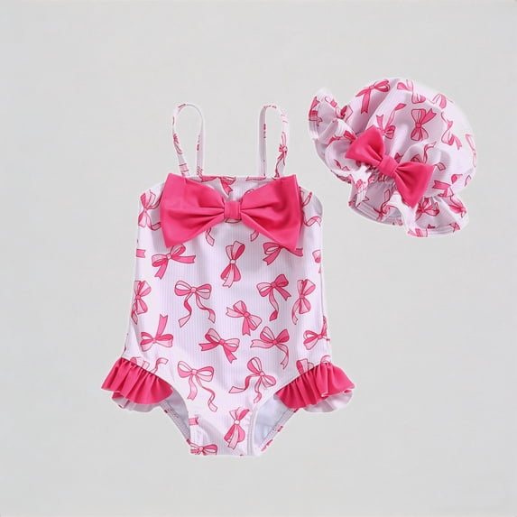 REDARER Girls One-Piece Swimsuit Set – Bow Print with Large Bow Detail & Ruffled Sun Hat, Cute Summer Style for Beach Pool Toddler Swimwear,6-12 Months