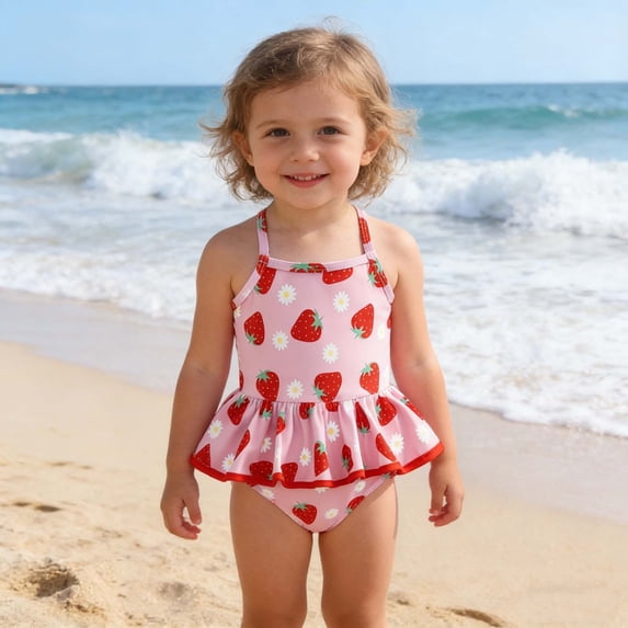 REDARER Girls One Piece Swimsuit Strawberry Print Skirted Swimwear Spaghetti Strap Summer Beach Outfit,18-24 Months