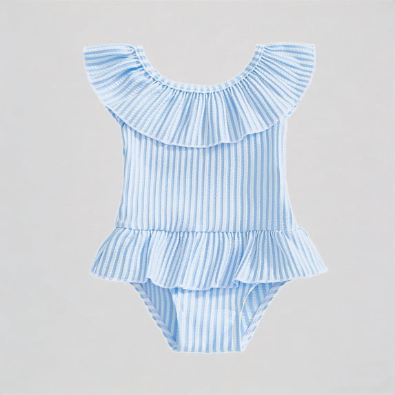 REDARER Girls One-Piece Swimsuit – Striped Design with Ruffled Collar & Layered Trim, Cute Summer Style for Beach Pool Toddler Swimwear,12-18 Months