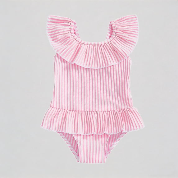 REDARER Girls One-Piece Swimsuit – Striped Design with Ruffled Collar & Layered Trim, Cute Summer Style for Beach Pool Toddler Swimwear,18-24 Months