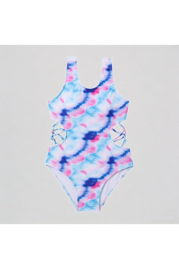 Girls One-Piece Swimsuit: Tie-Dye Print, Crisscross Cut-Out Design – Summer Beach Bathing Swimwear,9-10 Years