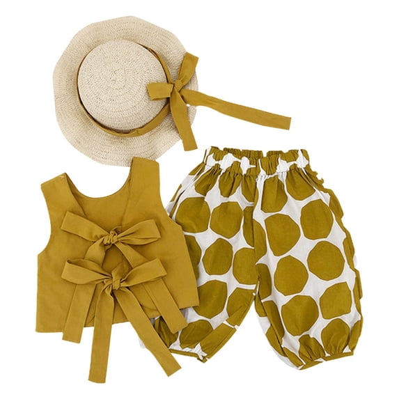 REDARER Girls Outfits&Set Bow Tie Top Polka Dot Pants Summer Outdoor Casual Fashionable Suit,12-18 Months