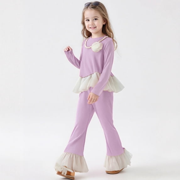 REDARER Girls Outfits Set Long Sleeve Top with Ruffle Hem and Flared Pants Two Piece,3-4 Years