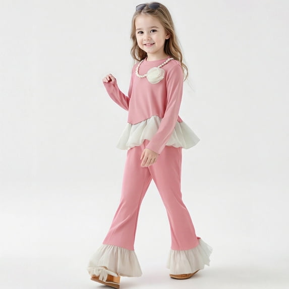 REDARER Girls Outfits Set Long Sleeve Top with Ruffle Hem and Flared Pants Two Piece,7-8 Years