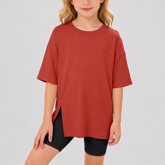 REDARER Girls Oversized Short Sleeve Split Hem T-Shirt & Biker Shorts 2-Piece Set Soft Breathable Casual Outfit for Teenage Kids Daily Wear,5-6 Years