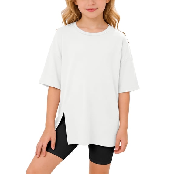 REDARER Girls Oversized Short Sleeve Split Hem T-Shirt Casual Soft Breathable Daily Loose Fit Tee,3-4 Years