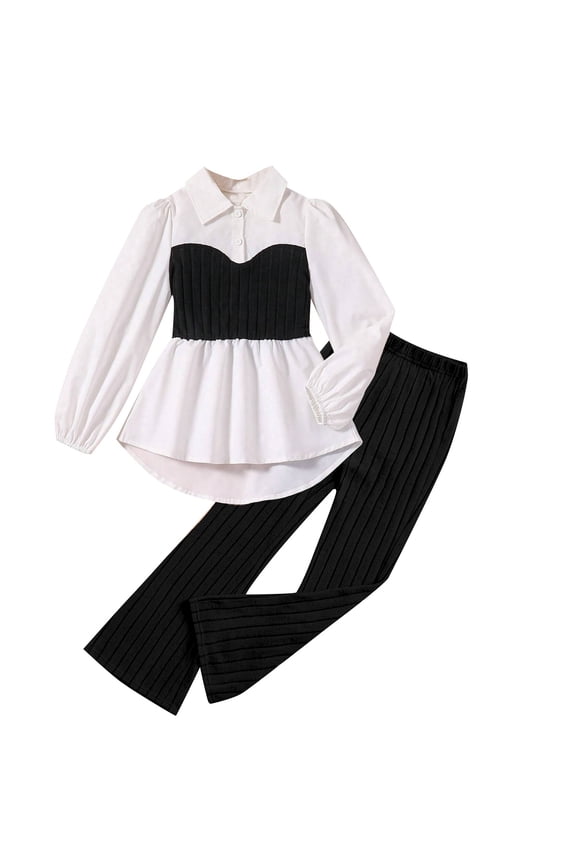 Girls Patchwork Shirt Tops Solid Color Casual Pants Suit,10-12 Years