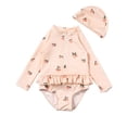 thumbnail image 1 of REDARER Girls Peach Print 2-Piece Rash Guard Set, Long Sleeve Ruffle Swimsuit with Swim Cap,12-24 Months, 1 of 4