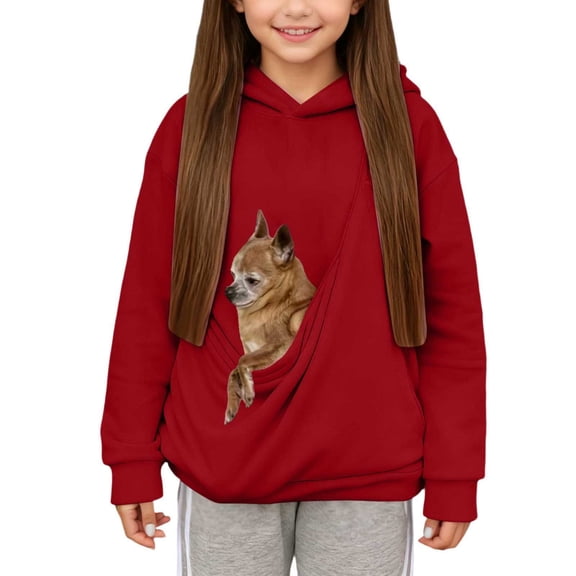 REDARER Girls Pet Carrier Hooded Sweatshirt with Shoulder Straps, Long Sleeve Pullover with Animal Pocket for Kids,3-4 Years