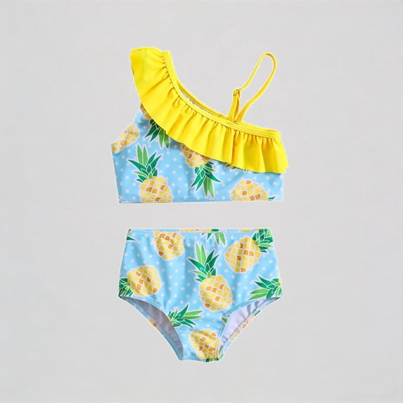 REDARER Girls Pineapple Print Ruffle One-Shoulder Two-Piece Swimsuit Bikini Summer Swimwear,6-12 Months