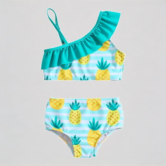 REDARER Girls Pineapple Print Striped One-Shoulder Ruffle Two-Piece Swimsuit Bikini Summer Swimwear,18-24 Months