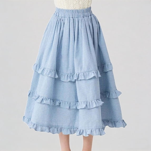 REDARER Girls' Plaid Tiered Ruffle Midi Skirt with Elastic Waist, Casual Comfortable Spring & Summer Kids Outfit,5-6 Years