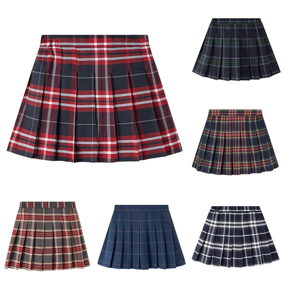 REDARER Girls Plaid Woven Pleated Skirt Side Elastic High Waist Even Box Press Pleats Flared Mini Swing Hem Wear Resistant Casual Back to School Daily Uniform Skirt,6-7 Years