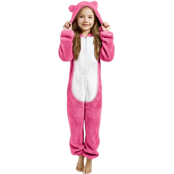 REDARER Girls Plush Romper - Long Sleeve Pajama with Bear Ears & Grip Soles, Comfortable Loungewear for Sleep and Play,Size:7-8 Years