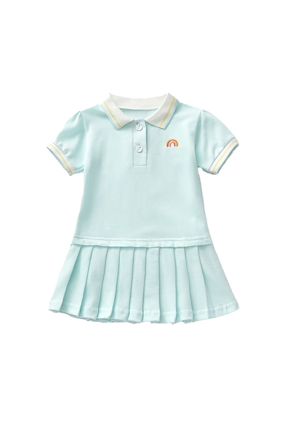 Girls' Polo Collar Pleated Romper, Soft Stretch Summer Dress with Rainbow Embroidery for Casual Playwear,18-24 Months