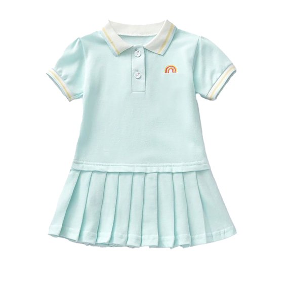 REDARER Polo Collar Pleated Soft Stretch Rainbow Embroidery Casual Rompers (Little Girls 6-7 Years)
