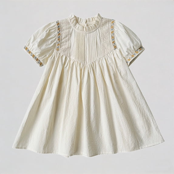 REDARER Girls' Puff Sleeve Embroidered Dress, Ruffle Neck Lace Trim Cotton Dress, Summer Casual Party Dress for Kids,1-2 Years