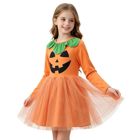 REDARER Girls Pumpkin Cosplay Dress Long Sleeve with Ruffle Collar Tulle Skirt for Halloween Party Trick or Treat Stage Performance Holiday Fancy Dress Outfit,4-6 Years