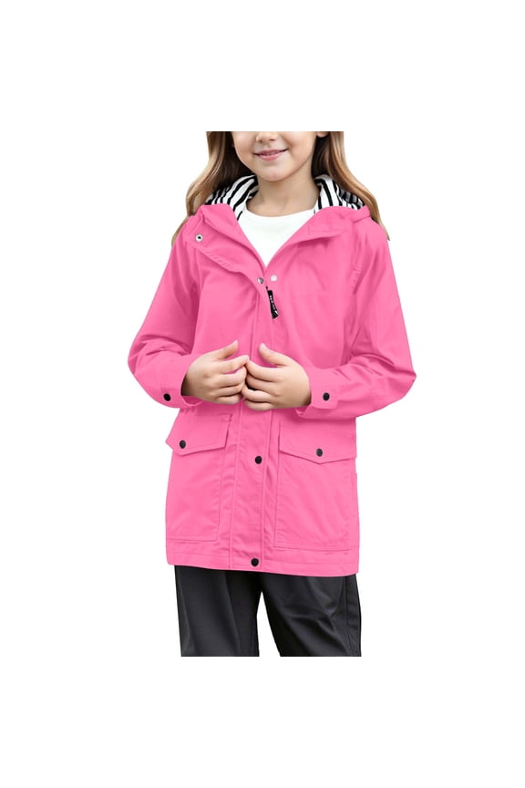 Girls Rain Jacket, Hooded Lightweight Windbreaker for Kids, Windproof Softshell Anorak for Autumn Hiking Cycling Walking,Size:13-14 Years