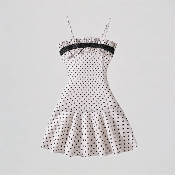 REDARER Girls Retro Polka Dot Dress Spaghetti Strap Lace Ruffle Hem Elegant Bodycon Summer Party Dress for Teens,9-10 Years