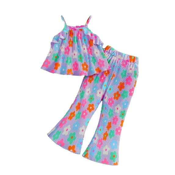 REDARER Girls Retro Summer Outfit, Floral Pleated Cami & Flared Pants, Cute Playwear for Toddlers,9-10 Years