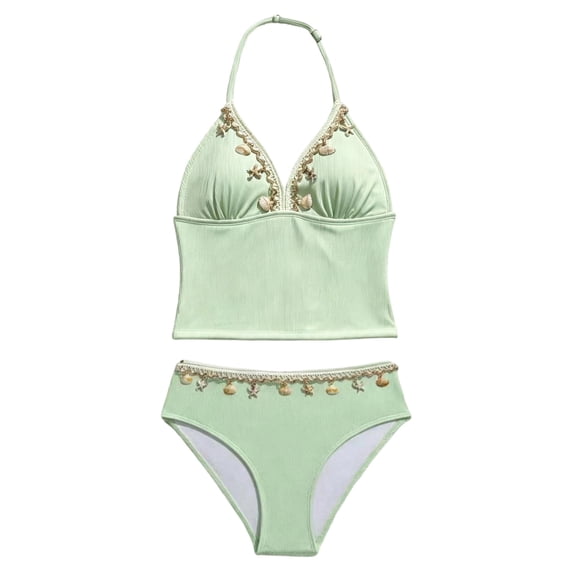 REDARER Girls Ribbed 2 Piece Halter Tankini Bikini Set V Neck Seashell Starfish Beaded Summer Beach Pool Bathing Swimwear,15-16 Years