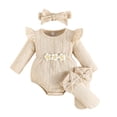 thumbnail image 1 of REDARER Girls' Ribbed Knit Bodysuit - Flutter Sleeve Romper Set with Headband & Socks for Summer,9-12 Months, 1 of 9