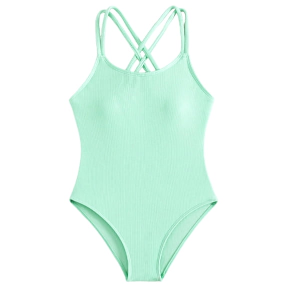 REDARER Girls Ribbed One Piece Swimsuit Criss Cross Back Spaghetti Strap Bathing Suit for Beach Pool,10-11 Years